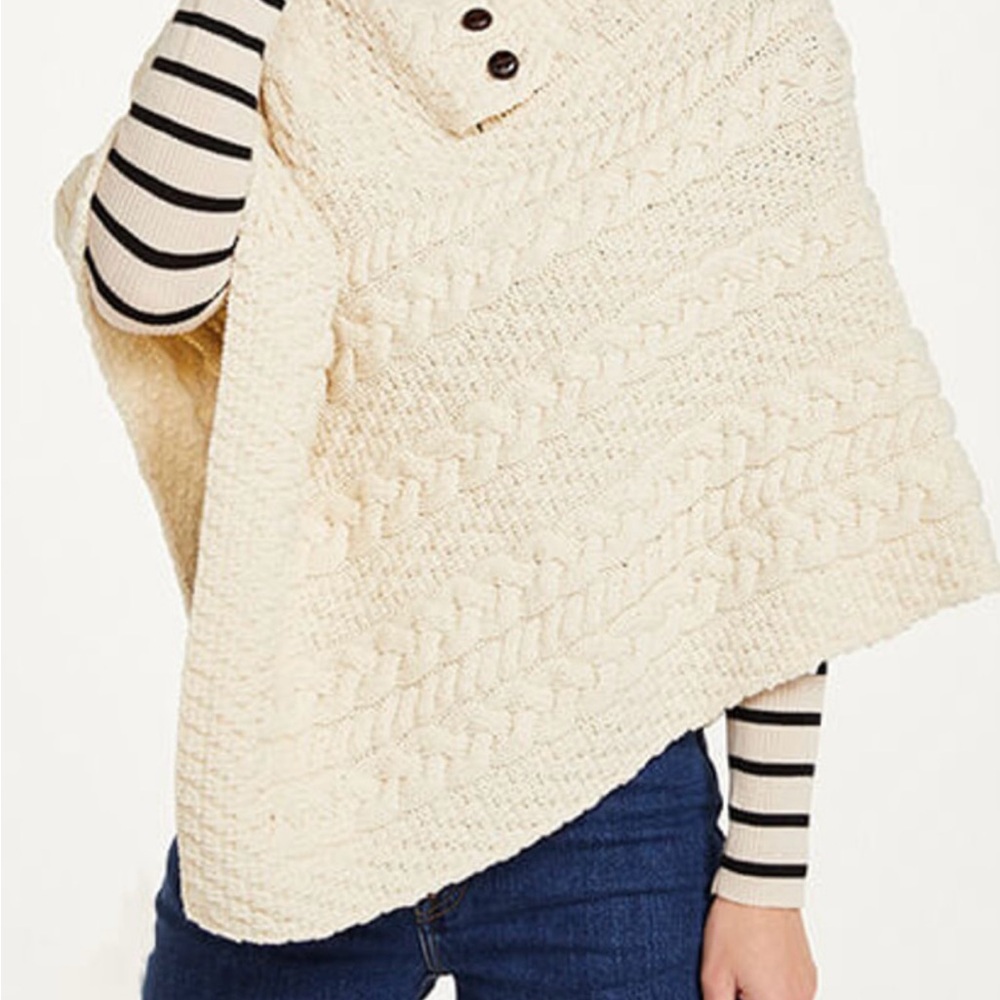 Cream Textured Knit Poncho Sweater